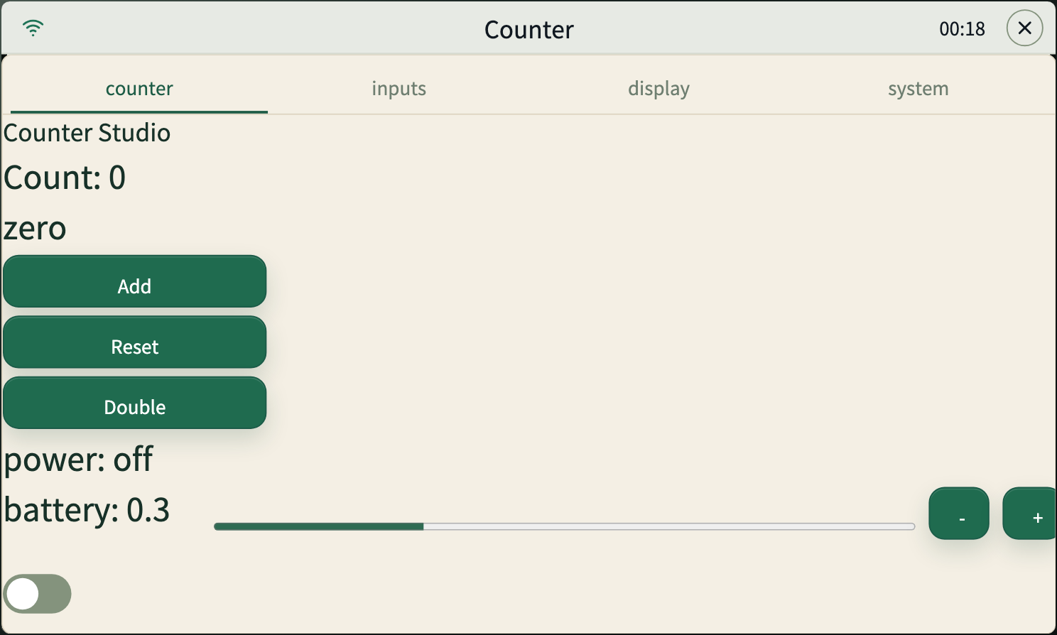 Counter Studio app running with Add, Reset and Double controls